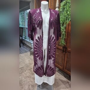 🤎✨ Burgundy Sheer Lace Duster | Romantic Floral Kimono Cardigan | Lightweight